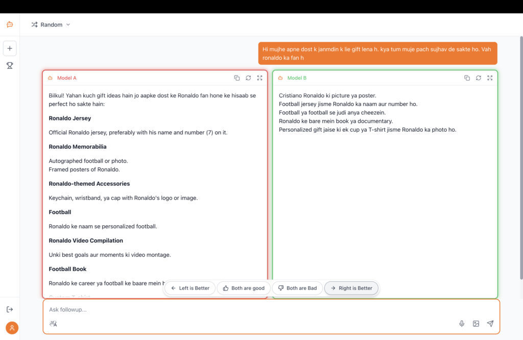 Two AI models compare gift suggestions for a Ronaldo fan in Hindi